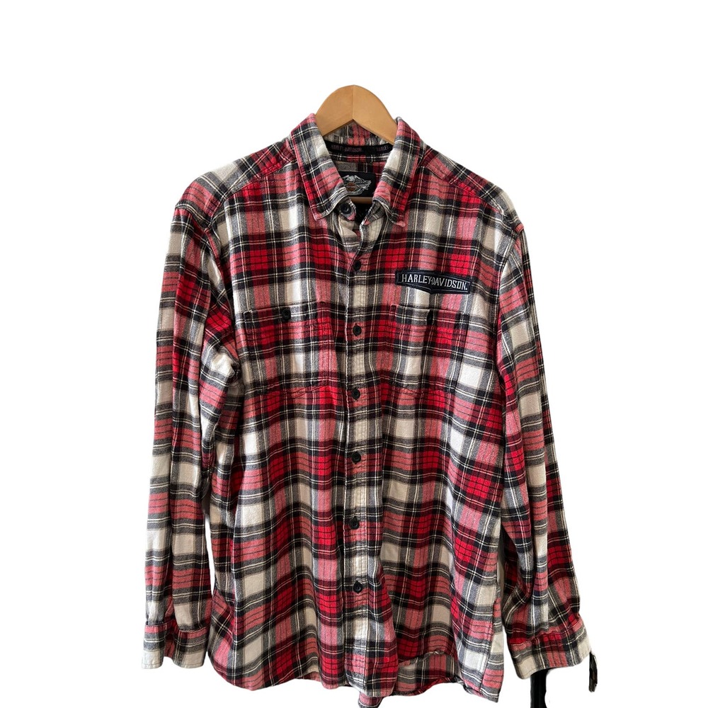 Harley-Davidson Red Black White Plaid Button-Down Shirt